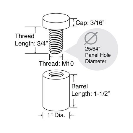 Outwater Round Standoffs, 1-1/2 in Bd L, Aluminum 1 in OD 3P1.56.00516